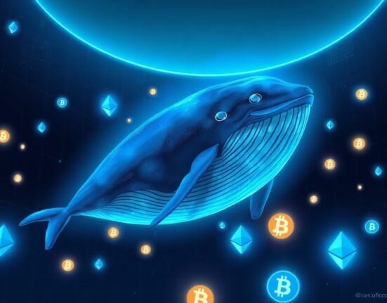 A digital whale swimming through Ethereum blockchain symbols, representing a large cryptocurrency transaction.