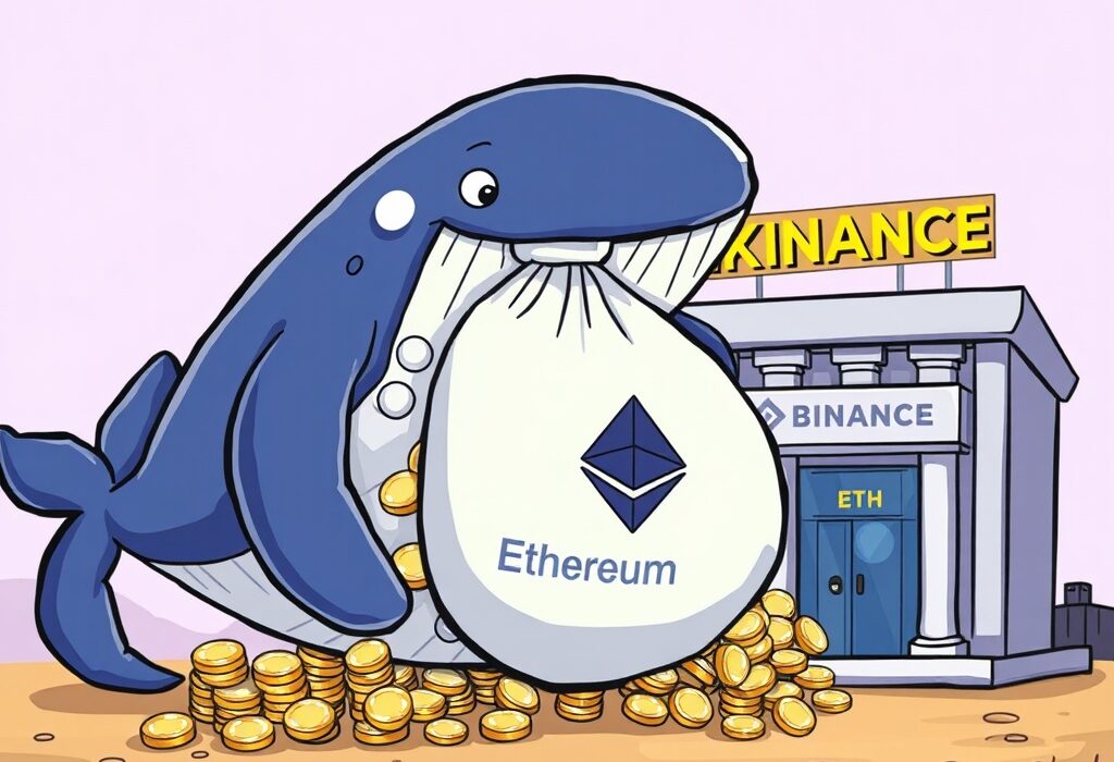 Cartoon illustration depicting a significant whale ETH movement as a giant whale deposits unstaked Ethereum into a crypto exchange.