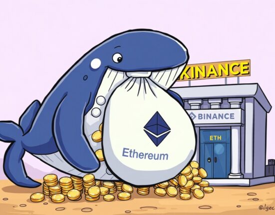 Cartoon illustration depicting a significant whale ETH movement as a giant whale deposits unstaked Ethereum into a crypto exchange.