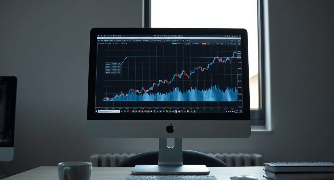 A trading chart on a monitor showing an upward trend, representing a profitable Ethereum trade.