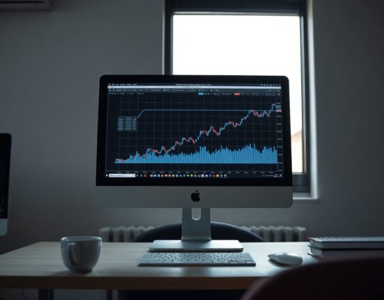 A trading chart on a monitor showing an upward trend, representing a profitable Ethereum trade.