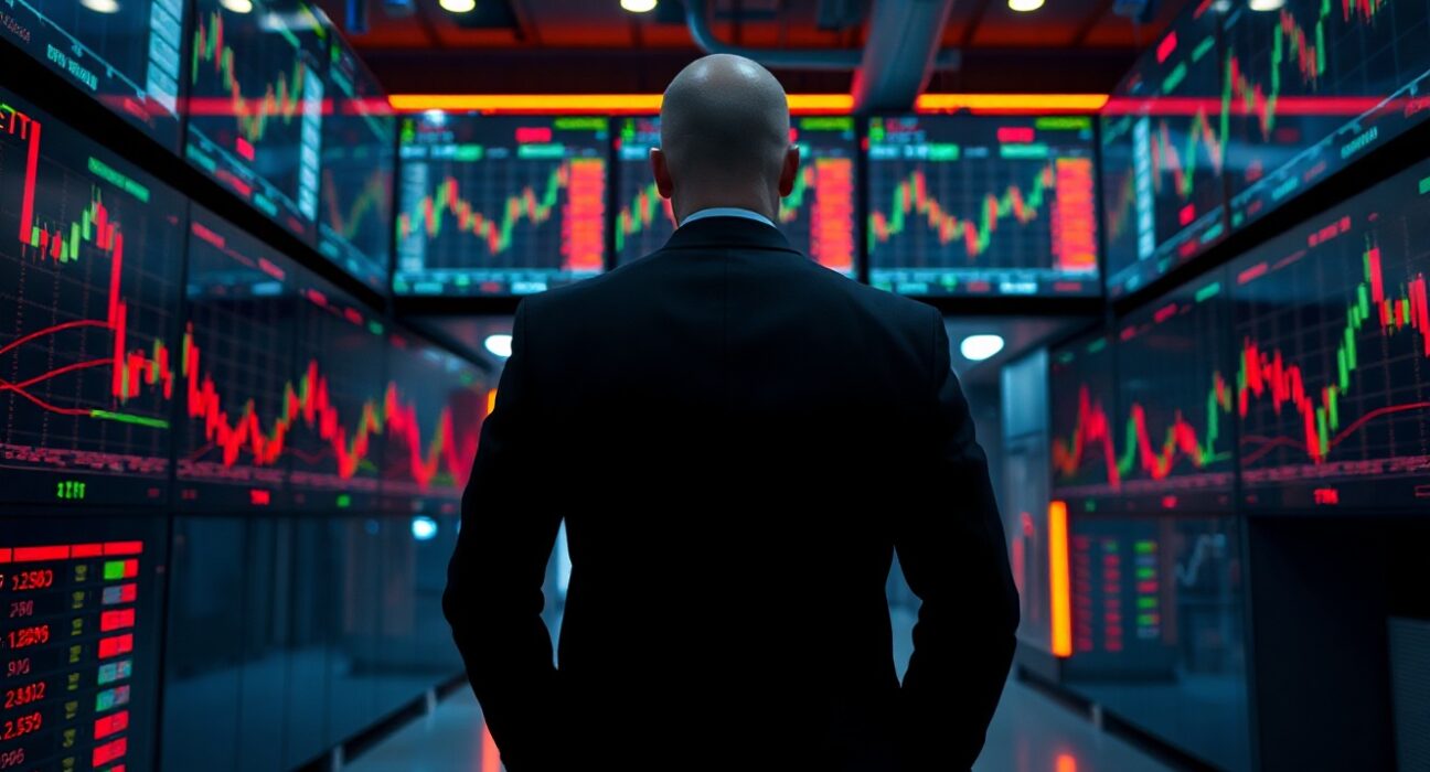 Anonymous trader in dark suit watching Ethereum price charts on multiple screens in a dimly lit trading room