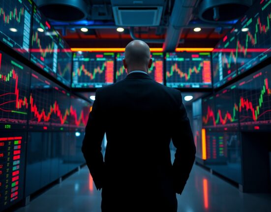 Anonymous trader in dark suit watching Ethereum price charts on multiple screens in a dimly lit trading room