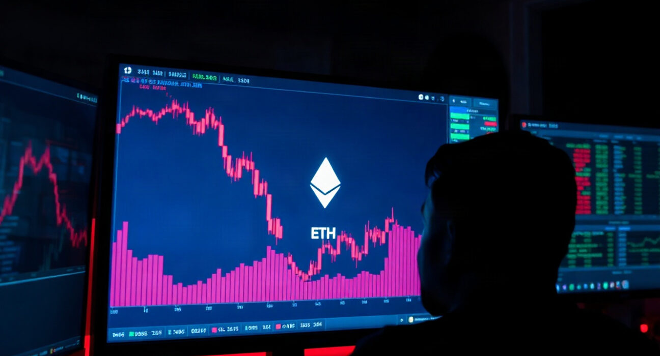 Trading screen showing Ethereum chart with red downward indicators in a dark room