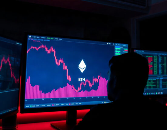 Trading screen showing Ethereum chart with red downward indicators in a dark room