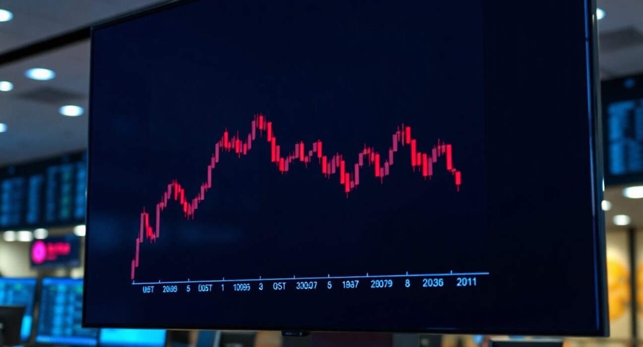 Bitcoin price chart with downward trend on trading screen