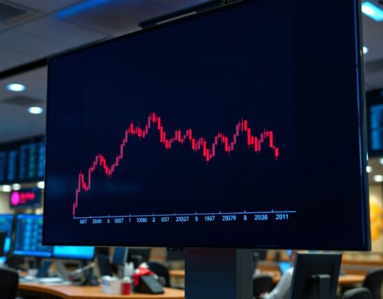 Bitcoin price chart with downward trend on trading screen