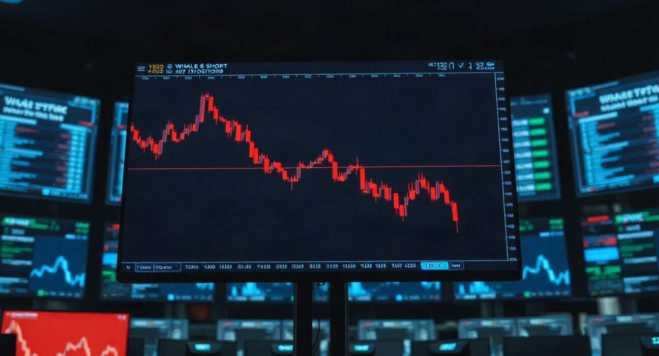 Cryptocurrency trading chart showing a downward trend, representing whale short positions in Bitcoin and Ethereum.