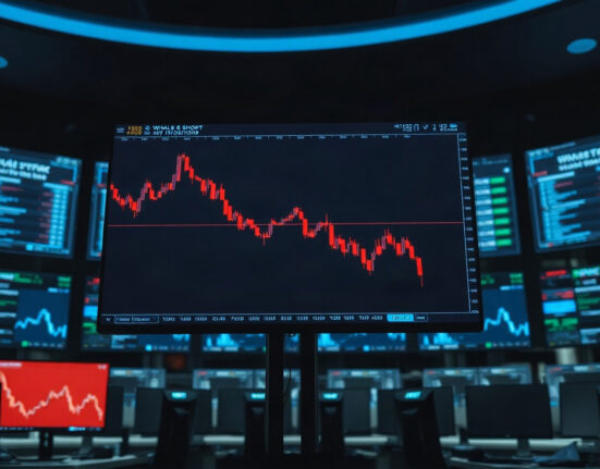 Cryptocurrency trading chart showing a downward trend, representing whale short positions in Bitcoin and Ethereum.