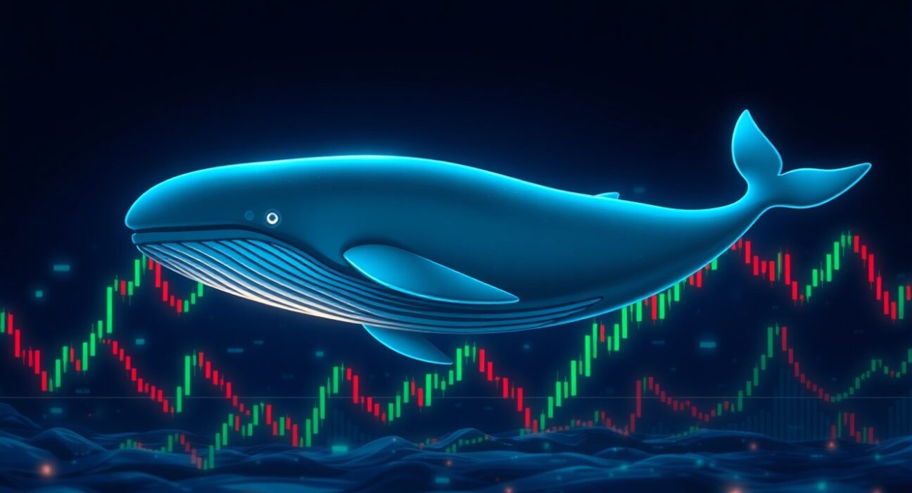 A whale swimming through a digital ocean of stock charts, representing a large cryptocurrency investor.