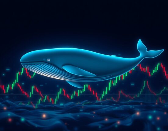 A whale swimming through a digital ocean of stock charts, representing a large cryptocurrency investor.