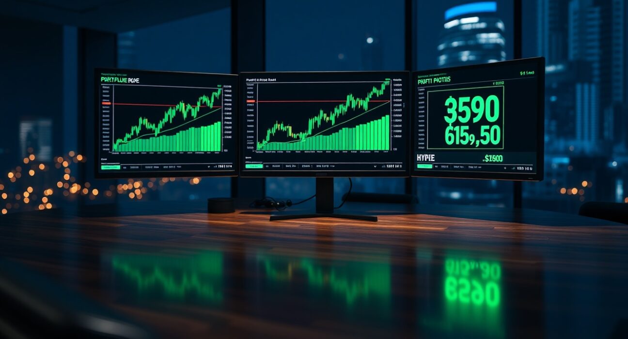 Trading desk monitors showing HYPE price charts with green upward trend and profit data
