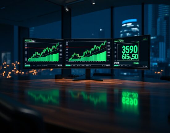 Trading desk monitors showing HYPE price charts with green upward trend and profit data