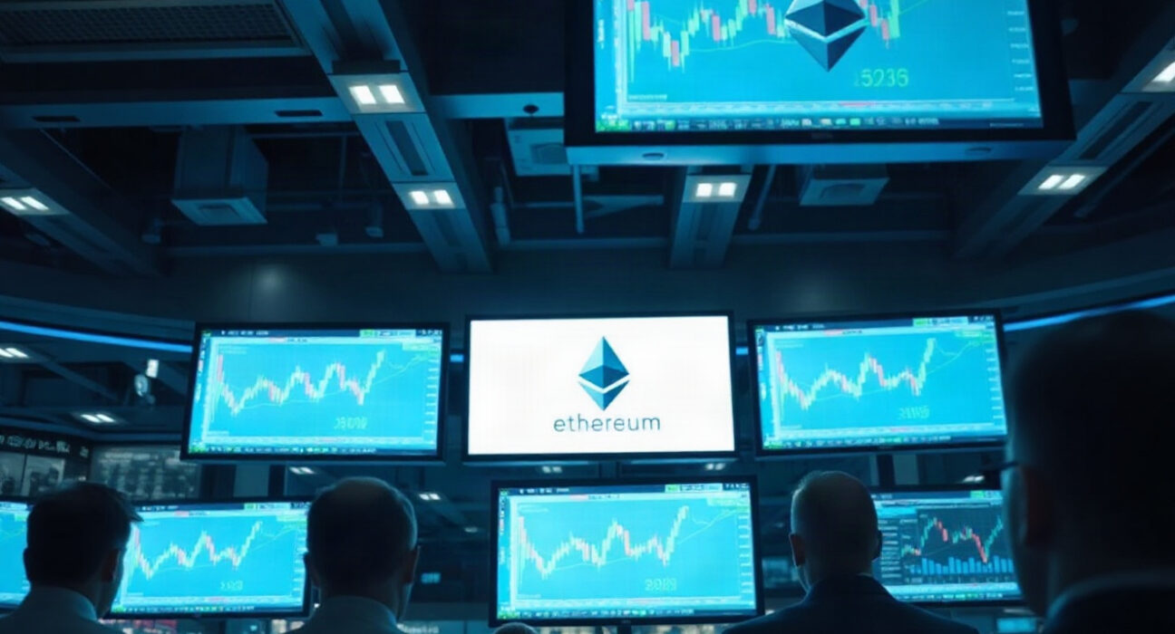 Trading floor with screens showing Ethereum price charts and market data