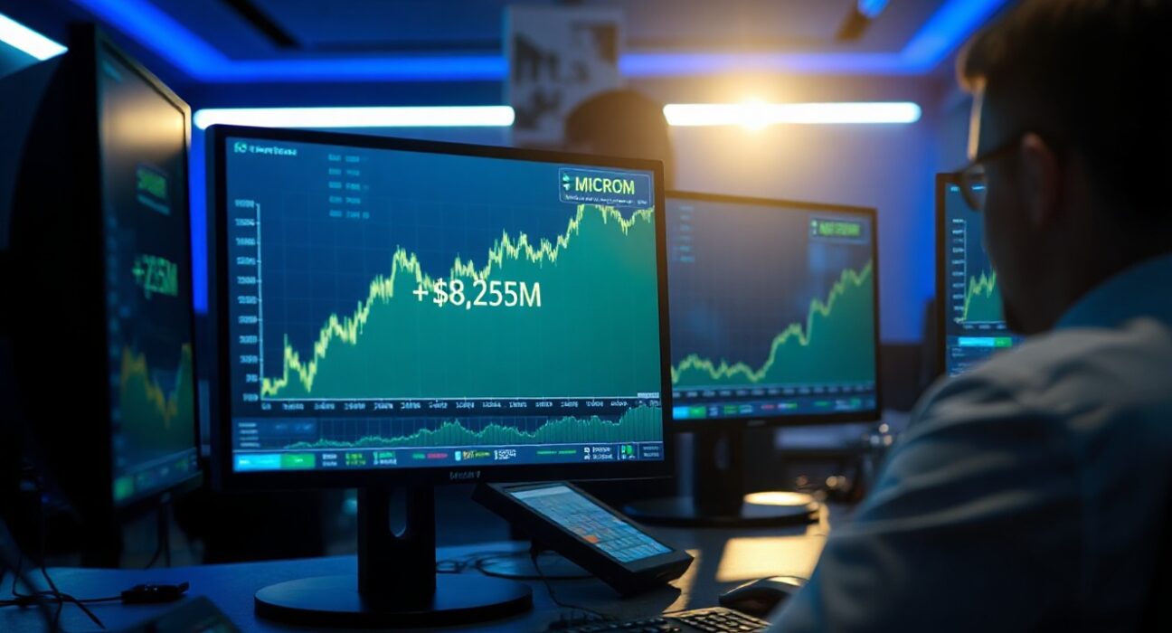 Trading desk monitors showing Micron Technology stock chart with $8.25 million profit indicator
