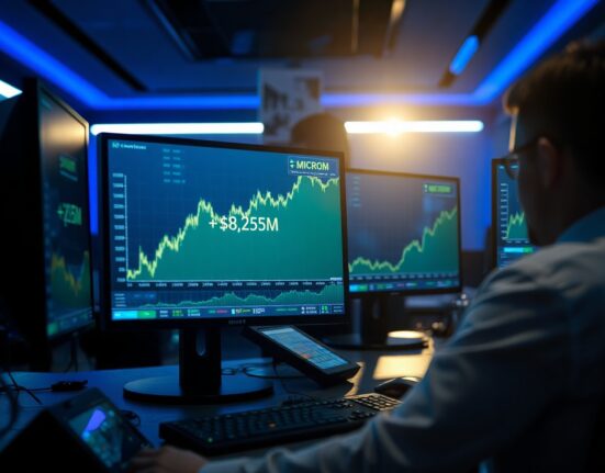 Trading desk monitors showing Micron Technology stock chart with $8.25 million profit indicator