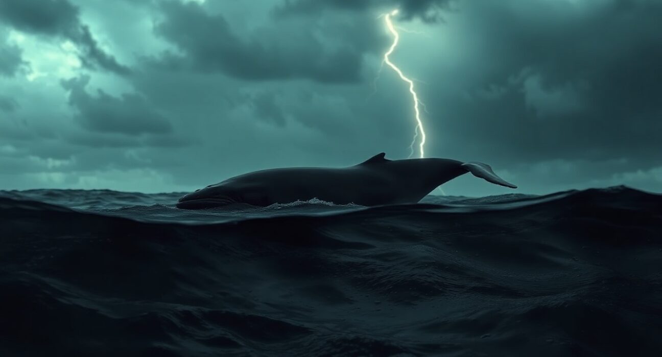 Whale silhouette in stormy sea representing a large Bitcoin liquidation loss