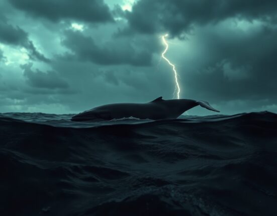 Whale silhouette in stormy sea representing a large Bitcoin liquidation loss