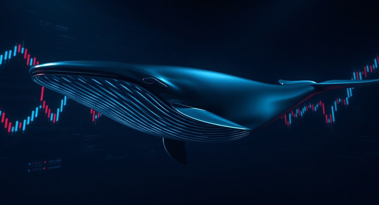 Digital whale swimming through financial data streams representing a large cryptocurrency liquidation event.