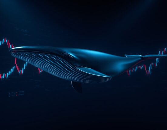 Digital whale swimming through financial data streams representing a large cryptocurrency liquidation event.