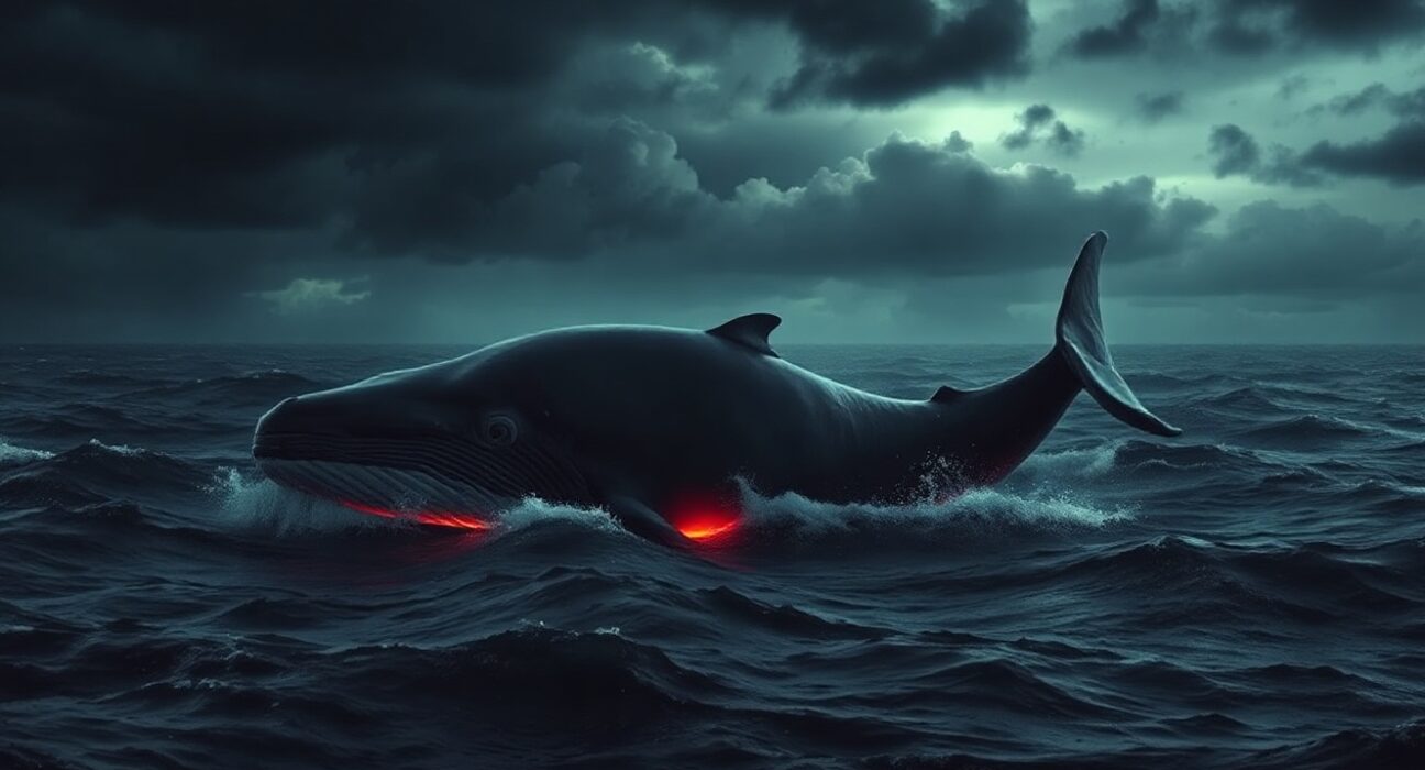 A whale swimming in a dark, stormy ocean, symbolizing large cryptocurrency losses.