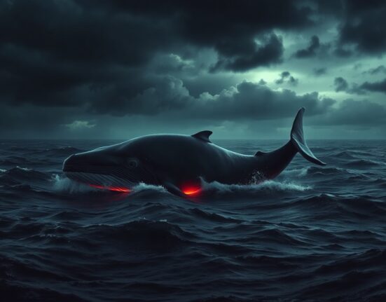 A whale swimming in a dark, stormy ocean, symbolizing large cryptocurrency losses.