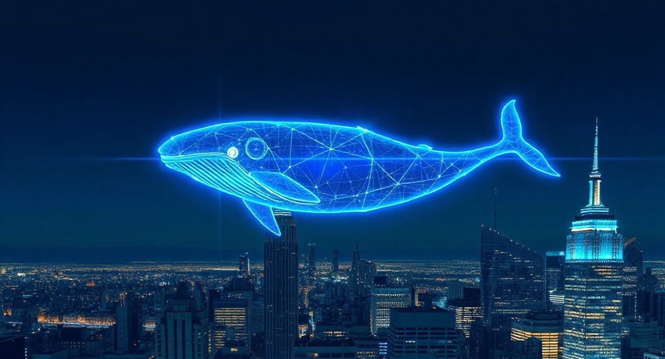 Illustration of a digital whale above a city skyline, symbolizing a large cryptocurrency transfer.
