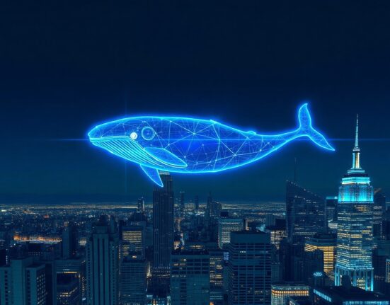 Illustration of a digital whale above a city skyline, symbolizing a large cryptocurrency transfer.