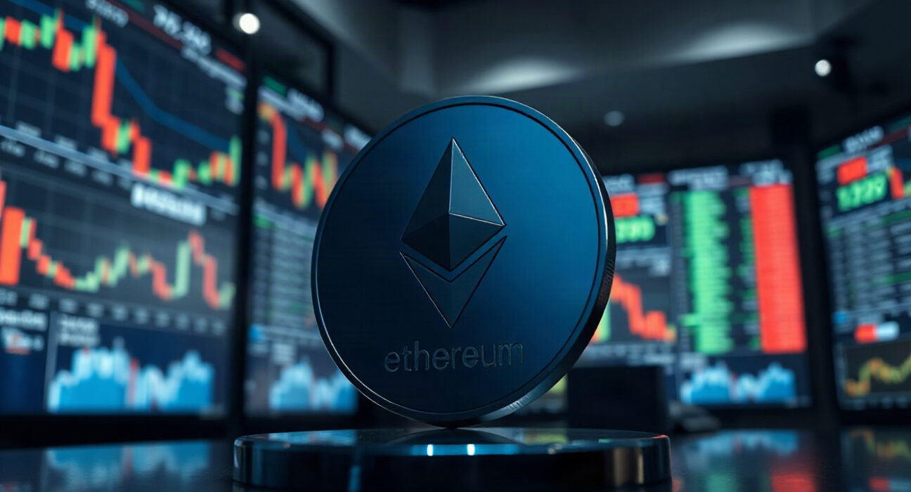 Ethereum coin on trading desk with charts in background