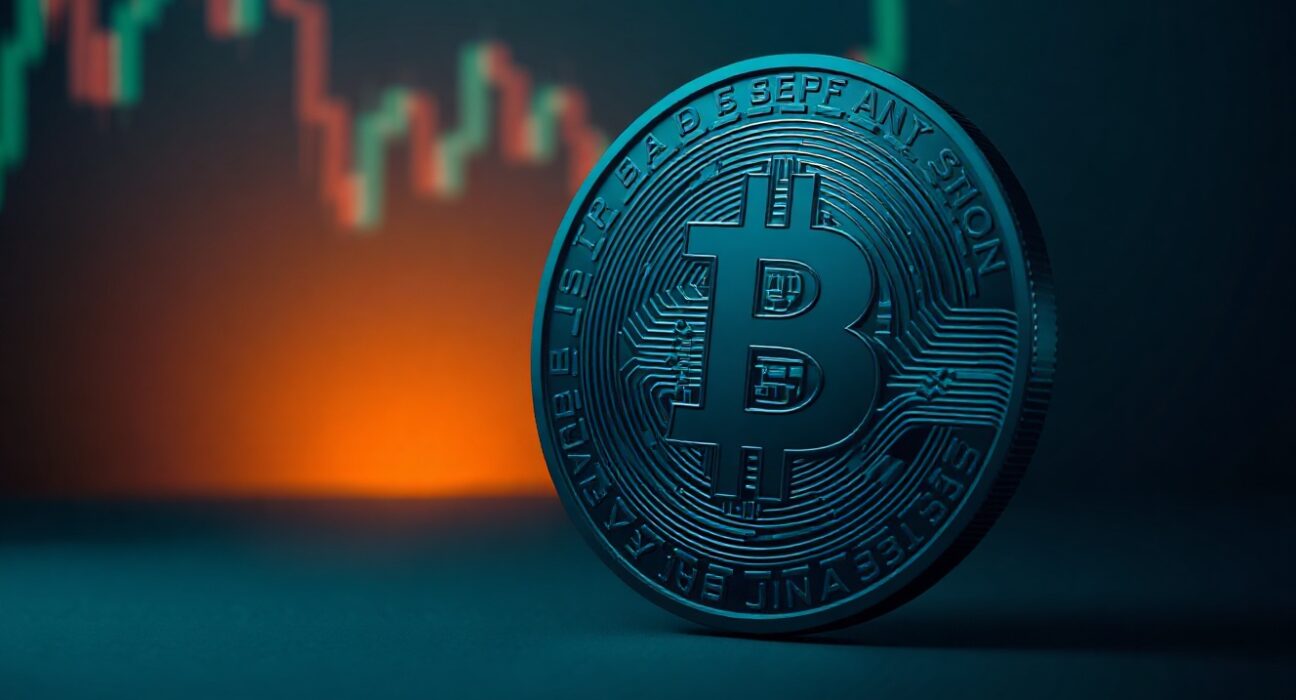 Bitcoin coin with Binance logo reflection on dark background