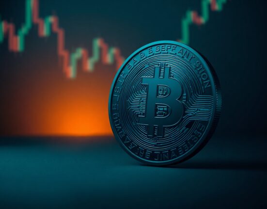 Bitcoin coin with Binance logo reflection on dark background