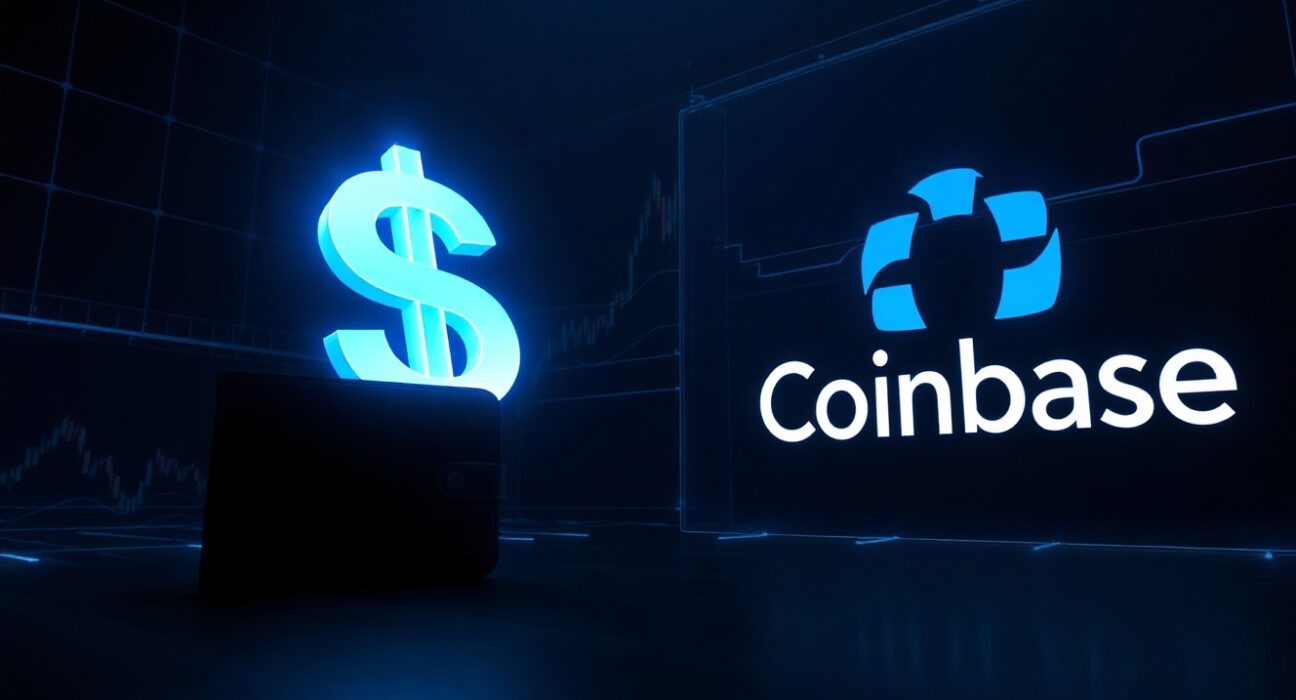 A digital illustration showing a large USDC symbol being transferred from an anonymous wallet to Coinbase.