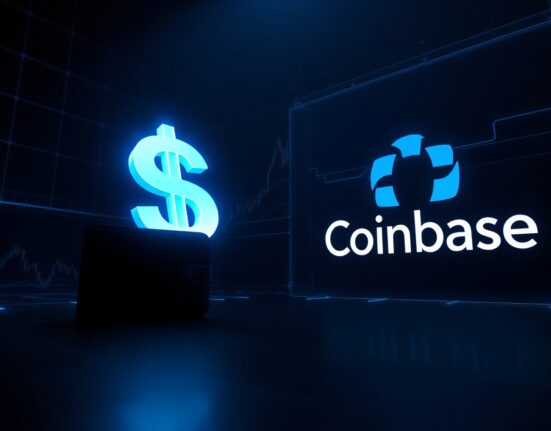 A digital illustration showing a large USDC symbol being transferred from an anonymous wallet to Coinbase.