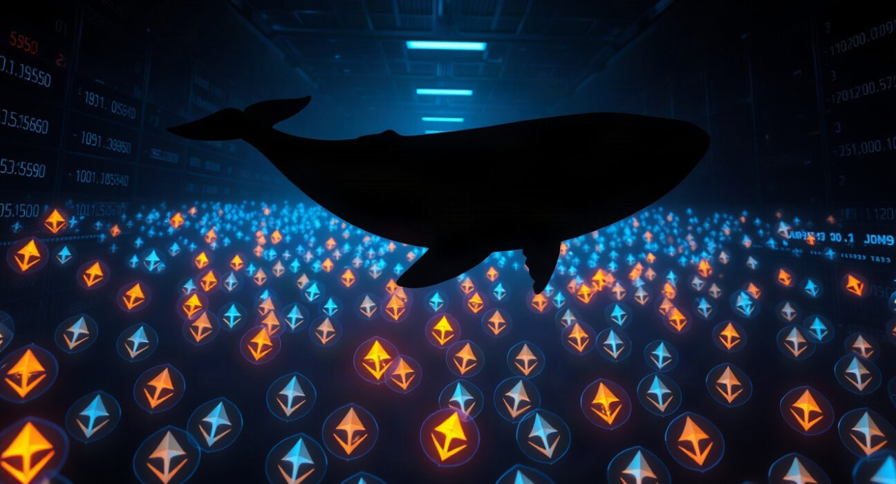 Digital whale swimming through a sea of Ethereum symbols, representing large ETH withdrawal from Binance.