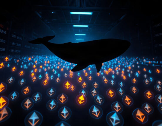 Digital whale swimming through a sea of Ethereum symbols, representing large ETH withdrawal from Binance.