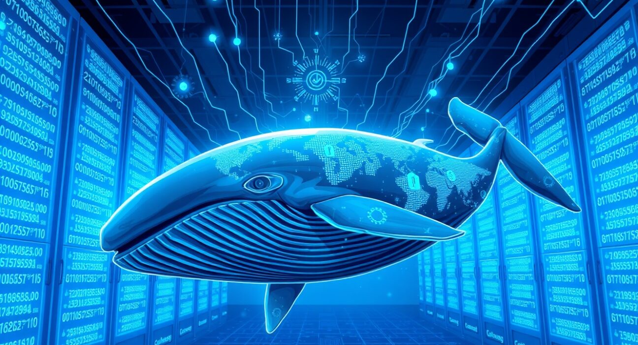 Digital whale swimming through blockchain data streams representing a large USDC transfer to Coinbase.