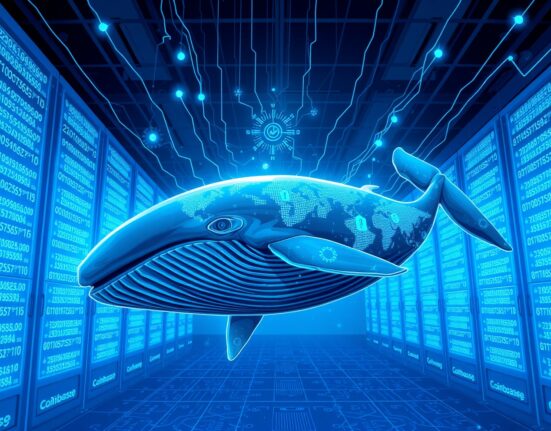 Digital whale swimming through blockchain data streams representing a large USDC transfer to Coinbase.