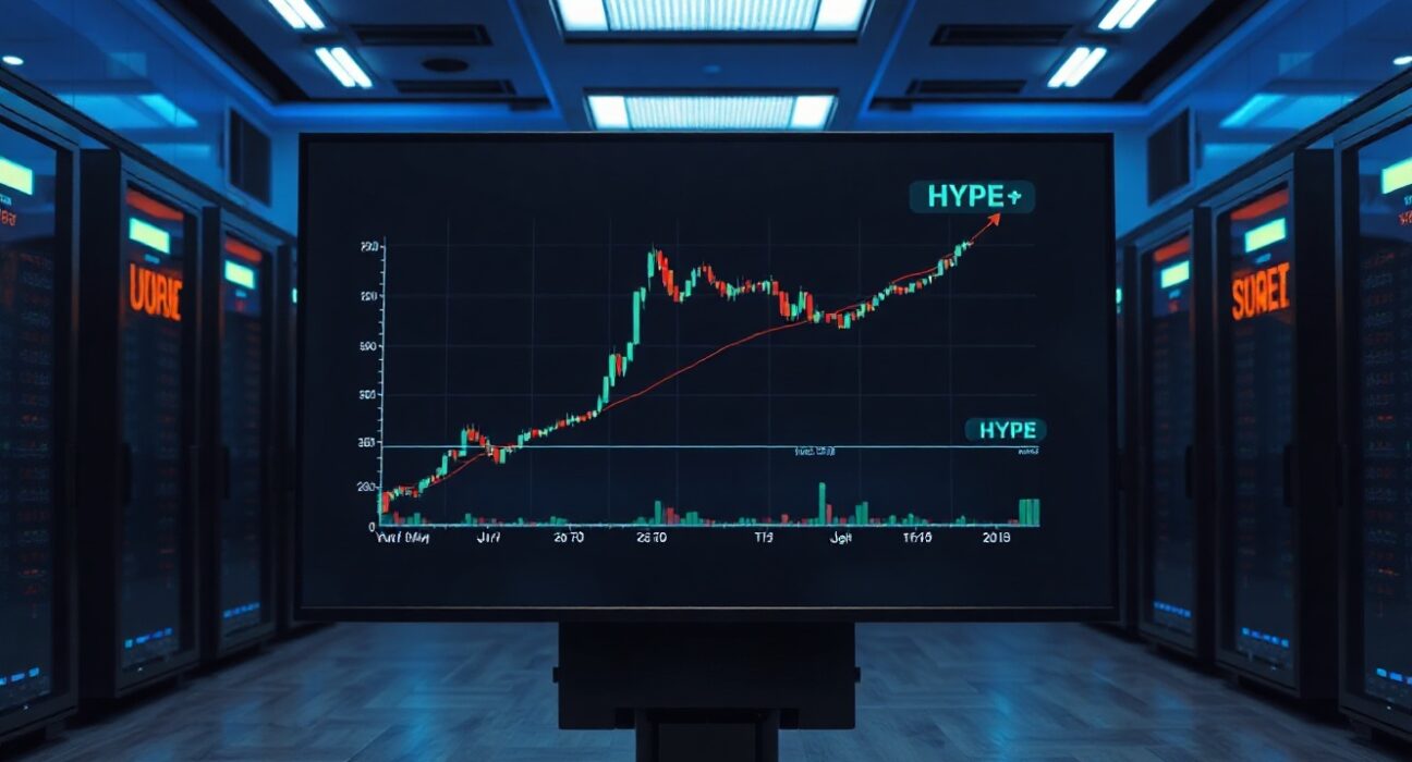 Cryptocurrency exchange outflow concept with HYPE token chart on a large display screen in a modern trading environment.
