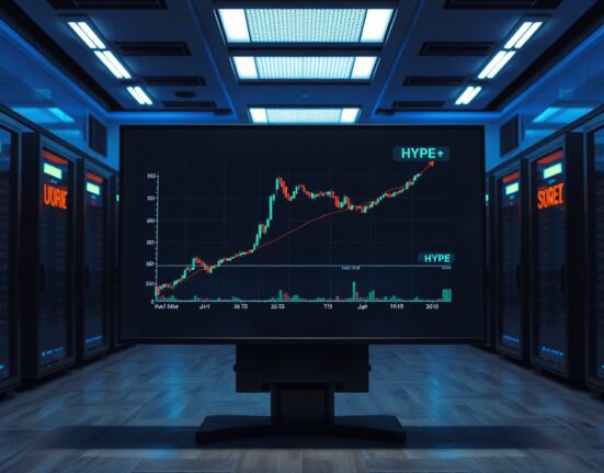 Cryptocurrency exchange outflow concept with HYPE token chart on a large display screen in a modern trading environment.