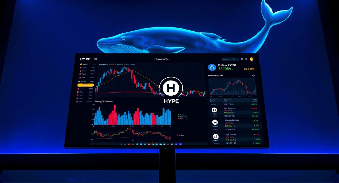 A large cryptocurrency whale transaction on a digital trading dashboard, with HYPE token charts visible on screen.