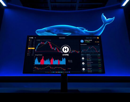 A large cryptocurrency whale transaction on a digital trading dashboard, with HYPE token charts visible on screen.