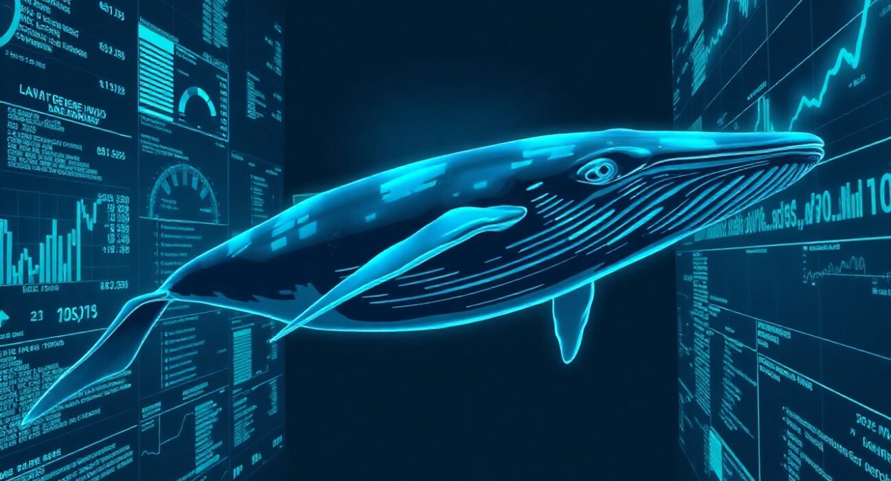 A whale symbolizing a large crypto holder swimming through digital data streams, representing a $53M HYPE transfer.