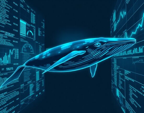 A whale symbolizing a large crypto holder swimming through digital data streams, representing a $53M HYPE transfer.