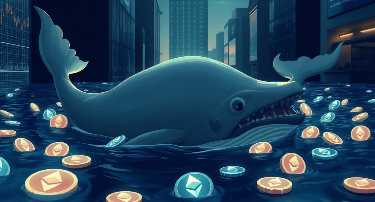 A digital whale swimming through a sea of Ethereum tokens, representing a large ETH withdrawal from Coinbase.