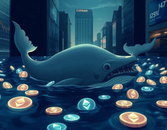 A digital whale swimming through a sea of Ethereum tokens, representing a large ETH withdrawal from Coinbase.