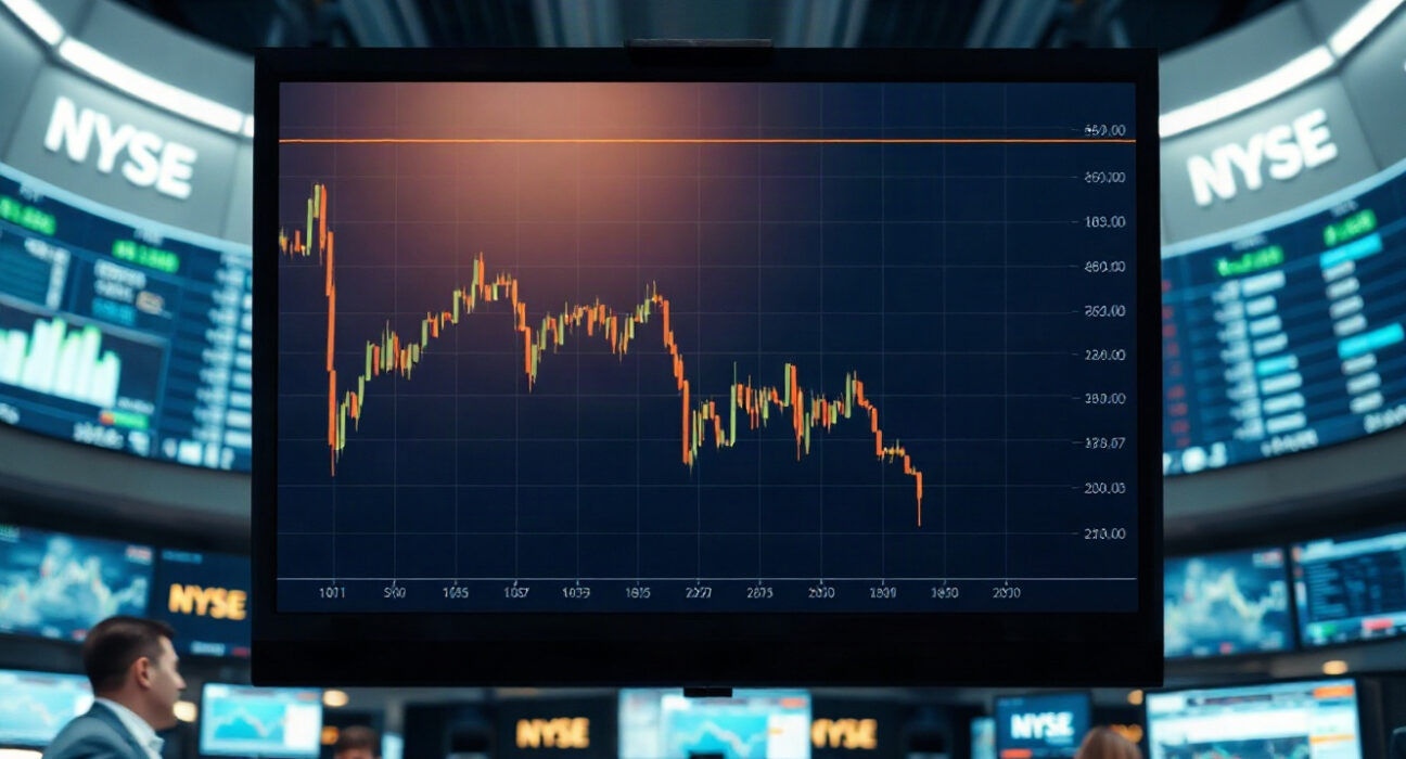 Cryptocurrency trading chart showing a decline on a screen in a trading floor