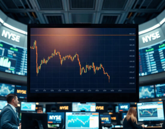 Cryptocurrency trading chart showing a decline on a screen in a trading floor
