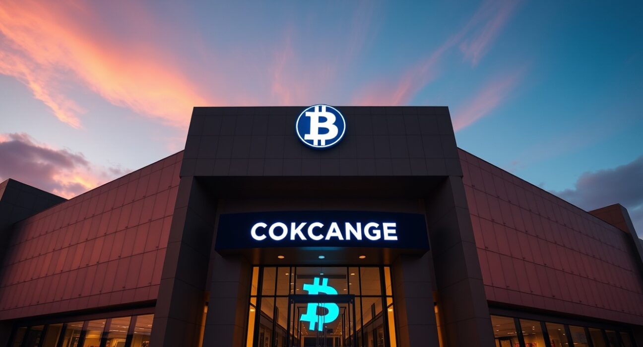 Bitcoin whale deposit to Binance visualized with a modern exchange building and digital Bitcoin symbol