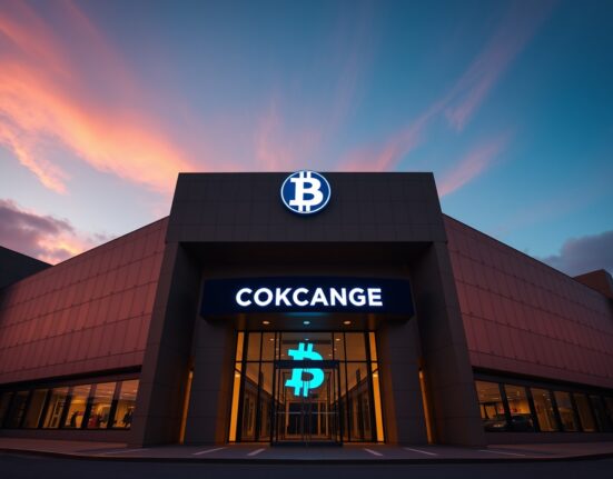 Bitcoin whale deposit to Binance visualized with a modern exchange building and digital Bitcoin symbol