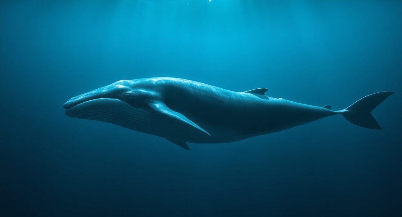 A digital whale swimming in a blockchain-themed ocean, representing a large Ethereum transfer.